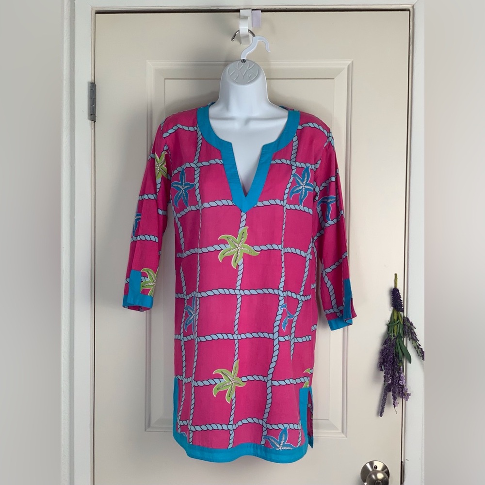 Top It Off Pink & Blue Starfish Tunic Beach Coverup Sz S